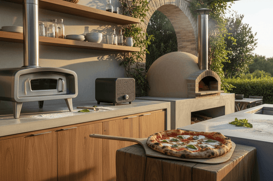 Outdoor kitchen with gas, countertop, and wood-fired pizza ovens beside a freshly baked pizza on a peel.