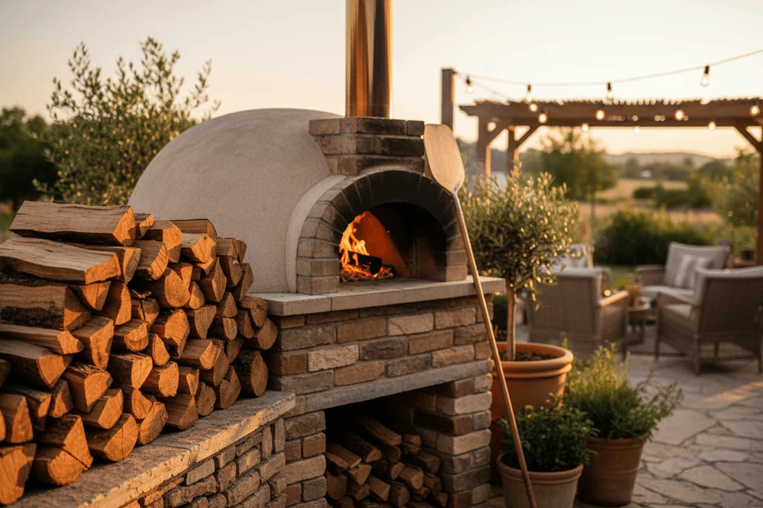 Best Wood for a Pizza Oven: The Complete Fuel Guide — stacked logs beside a wood-fired pizza oven in a cozy outdoor setting.