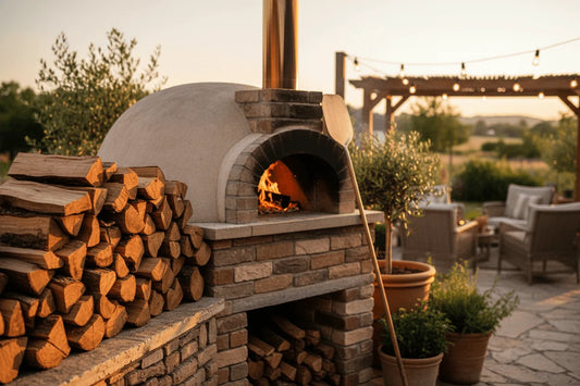 Best Wood for a Pizza Oven: The Complete Fuel Guide — stacked logs beside a wood-fired pizza oven in a cozy outdoor setting.