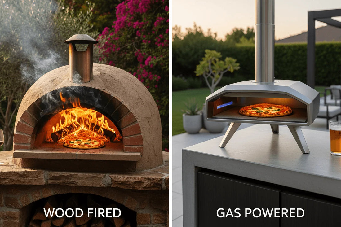 Wood Fired vs Gas Pizza Oven comparison with wood-fired and gas-powered ovens side by side.