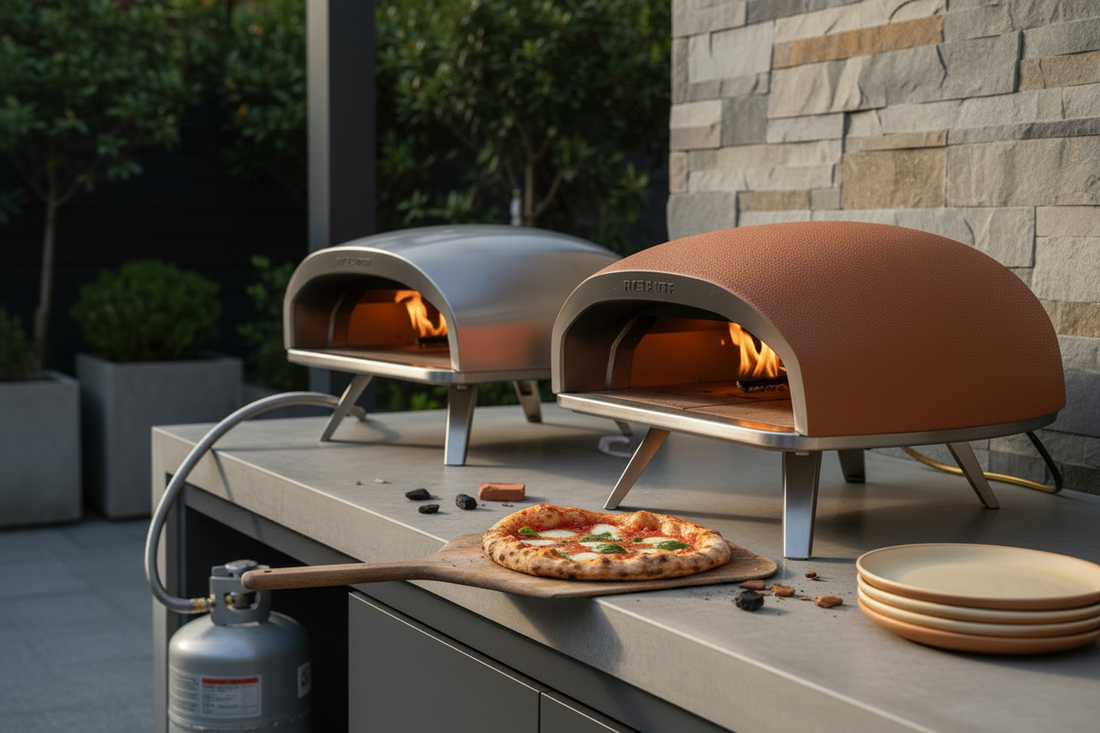 Outdoor kitchen with gas and propane pizza ovens, a wood pizza peel, and a freshly baked pizza.