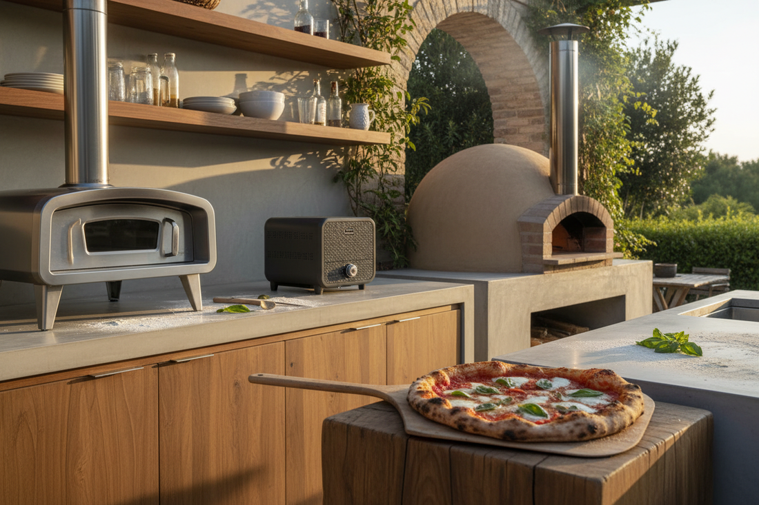 Outdoor kitchen with gas, countertop, and wood-fired pizza ovens beside a freshly baked pizza on a peel.